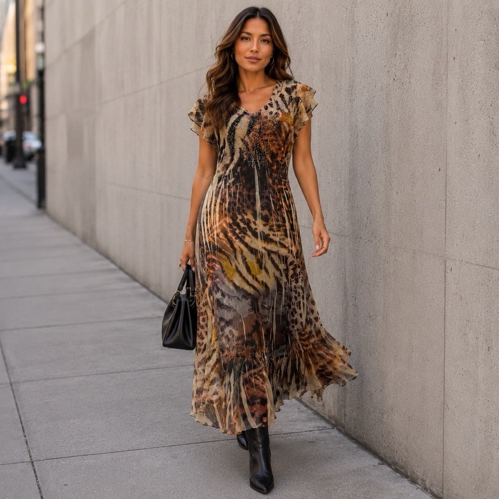 Reba Vintage Animal Print Maxi Dress BohoBeaded V-neck Cap Sleeve Sz L  Retired